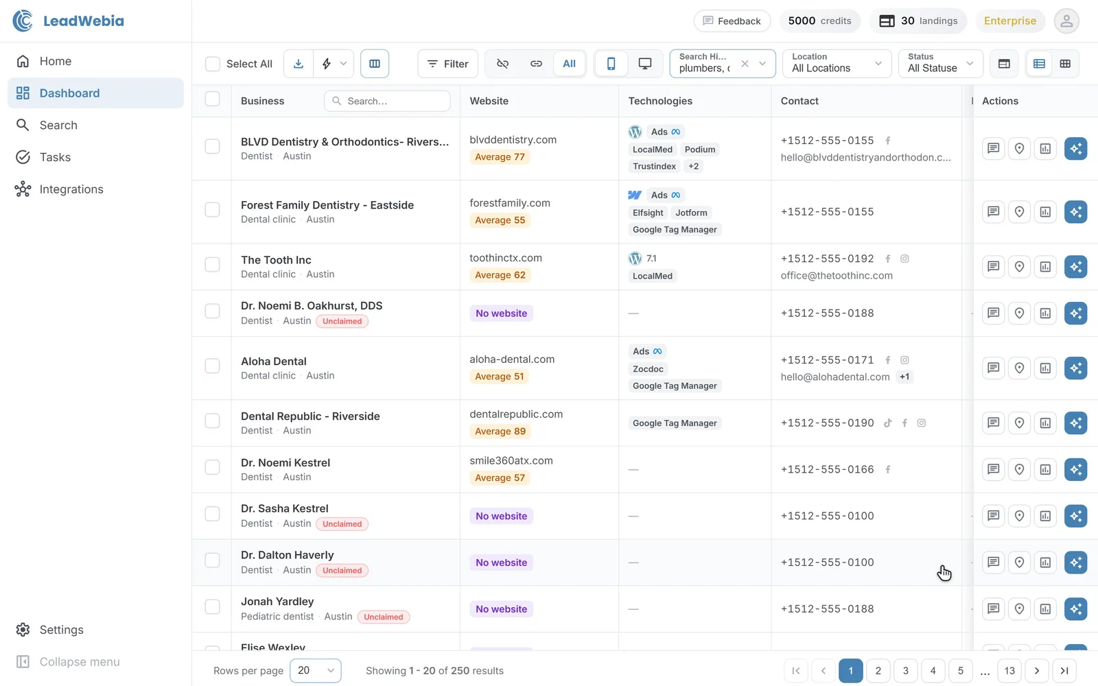 Leads table filtered by technology, with CMS chips, PageSpeed scores, reviews and a business photo on hover