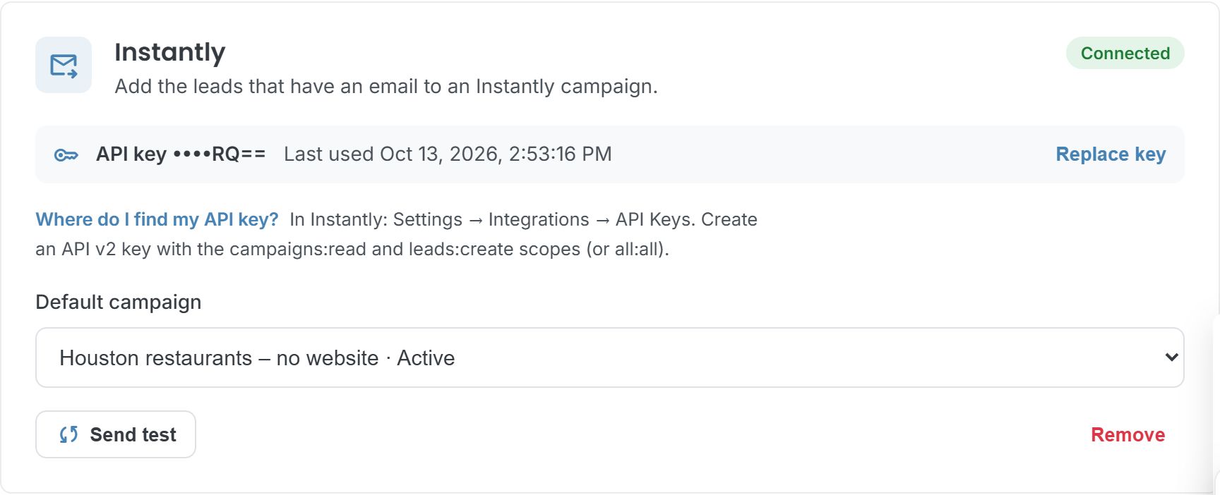 The Instantly card in LeadWebia Integrations with a saved key and a default campaign