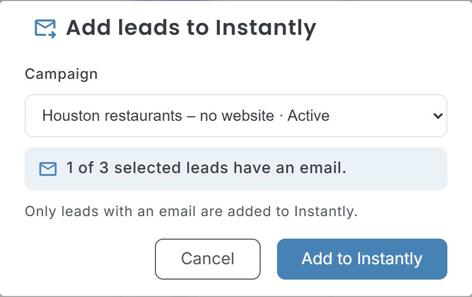 The Send to Instantly dialog with the campaign and the number of leads with an email
