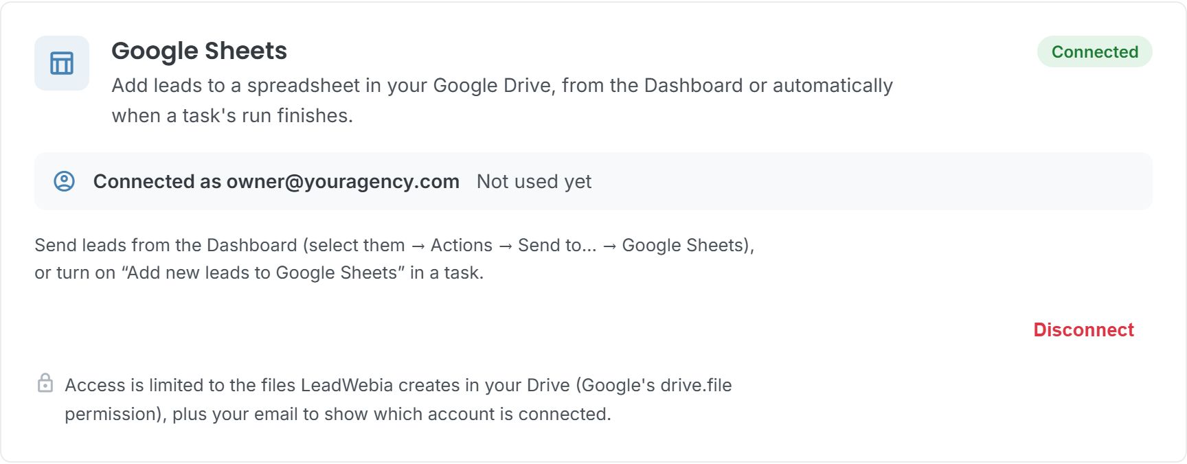 The Google Sheets card in LeadWebia Integrations, connected to a Google account