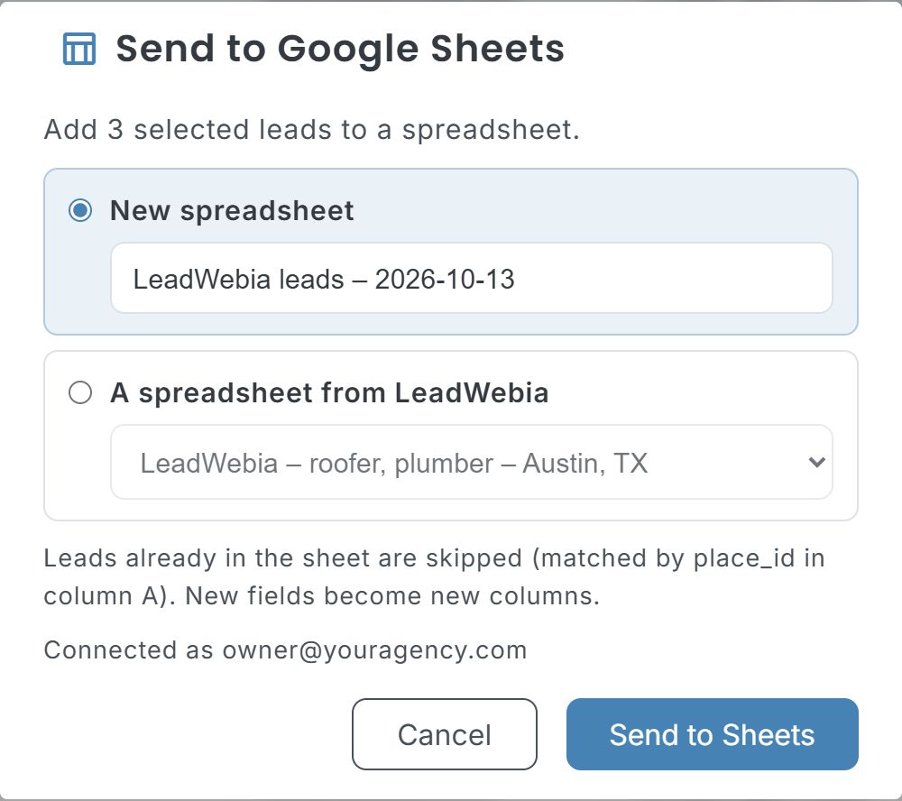 The Send to Google Sheets dialog with a new spreadsheet and an existing one to choose from