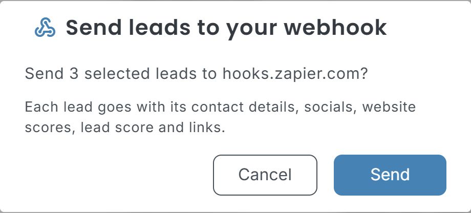The Send to webhook dialog in the LeadWebia Dashboard